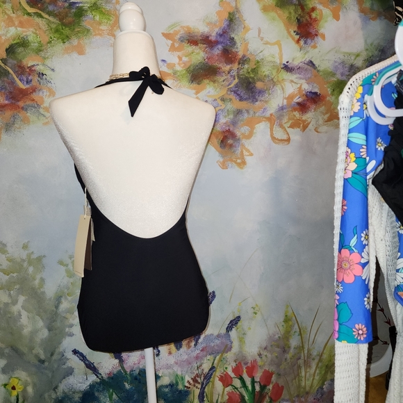 Gottex One Piece Halter with Velvet and Pleated Panel Detail - Picture 4 of 5